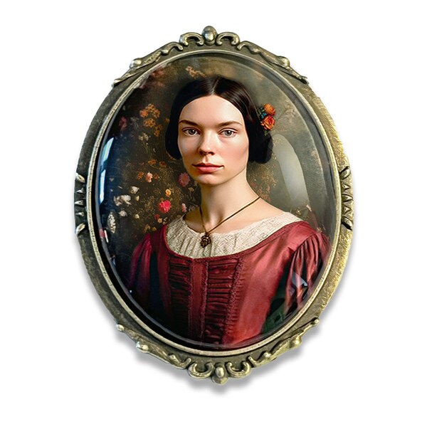 Emily Dickinson Brooch, Emily Dickinson Pin, Literary Figure and Poet Jewelry, With Flowers Inspired Art Portrait, Poet Pin, Bookish Pin