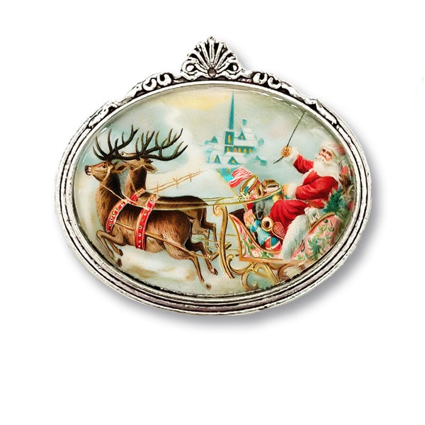Santa and His Reindeer Sleigh Ride Brooch Pin, Vintage Inspired Christmas Brooch, Daytime or Nighttime to Choose from, Office Gift Idea