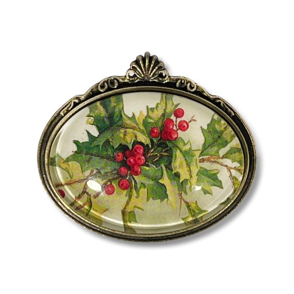 Vintage Inspired Holly Brooch, Christmas Holly Pin, Christmas Jewelry, Gift Giving Idea, Yule Jewelry, Winter Brooch, Cottagecore Brooch