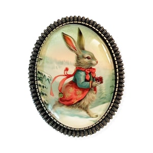 Vintage Inspired Rabbit Brooch, Retro Winter Bunny Pin, Christmas Brooch, Winter Wonderland Pin, Office Gift, Secret Santa Gift Idea