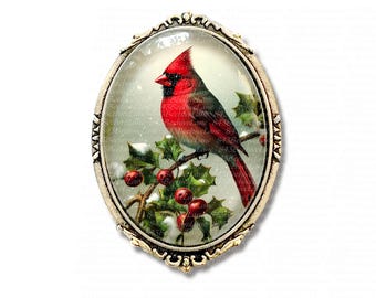 Victorian Style Cardinal Brooch: Holiday Red Bird Pin with Holly