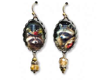 Mismatched Raccoon Earrings, Victorian Style Woodland Jewelry