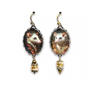 Mismatched Opossum Portrait Earrings: Victorian Inspired Jewelry