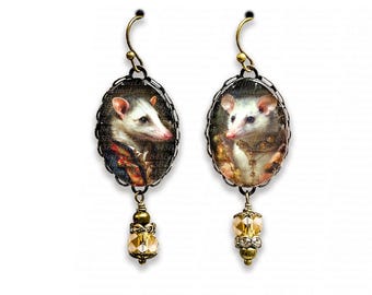 Mismatched Opossum Portrait Earrings: Victorian Inspired Jewelry