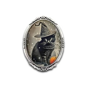 Vintage Inspired Black Cat Brooch, Black Cat Pin, Cat in a Witch&#39;s Hat, Halloween Tintype Style Spooky Kitty and Pumpkin Pin, Witch Cat Pin