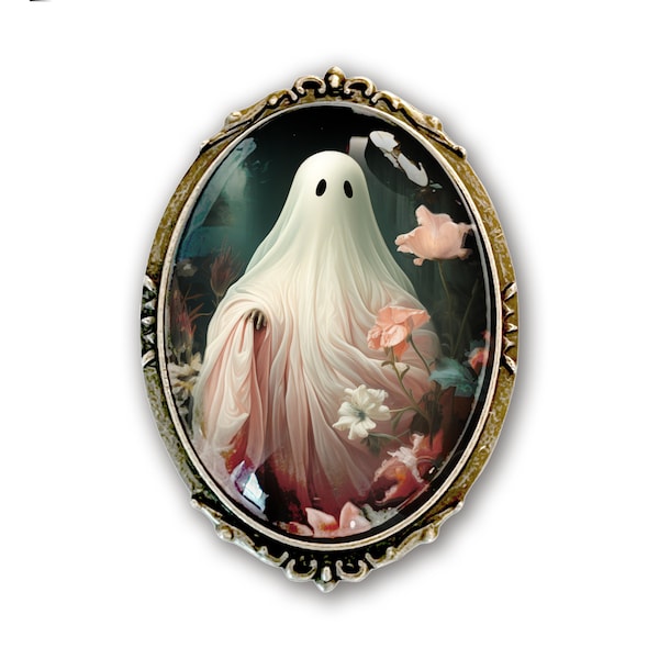 Spring Ghost Brooch, Vintage Inspired Ghost Pin, Ghost Hunting Pin, Spooky Ghost Jewelry, Ghost with Flowers Pin, Haunted Ghost Pin