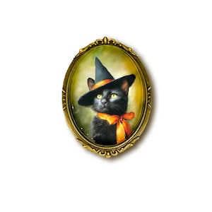Black Cat Brooch, Black Cat Pin, Vintage Inspired Cat in a Witch&#39;s Hat, Halloween Jewelry, Halloween Pin, Witch Brooch, Halloween Brooch