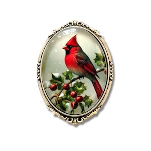Cardinal Brooch, Winter Pin, Christmas Brooch, Red Bird Pin w Holly, Cardinal Pin, Christmas Pin, Winter Bird Brooch, Christmas Jewelry