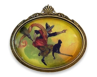 Victorian Inspired Witch Brooch, Vintage Inspired Flying Witch and Black Cat Pin, Halloween Brooch, Halloween Postcard Brooch,Halloween Gift