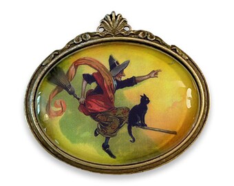 Victorian Inspired Witch Brooch, Vintage Inspired Flying Witch and Black Cat Pin, Halloween Brooch, Halloween Postcard Brooch,Halloween Gift