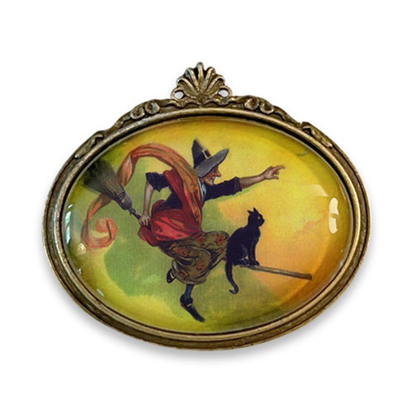 Victorian Inspired Witch Brooch, Vintage Inspired Flying Witch and Black Cat Pin, Halloween Brooch, Halloween Postcard Brooch,Halloween Gift