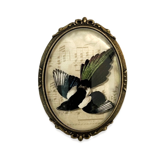 Magpie Brooch, Vintage Inspired Magpie Pin, Two Styles to Choose From, Magpie and Sheet Music Brooch, Audubon Bird Pin, Good Luck Pin
