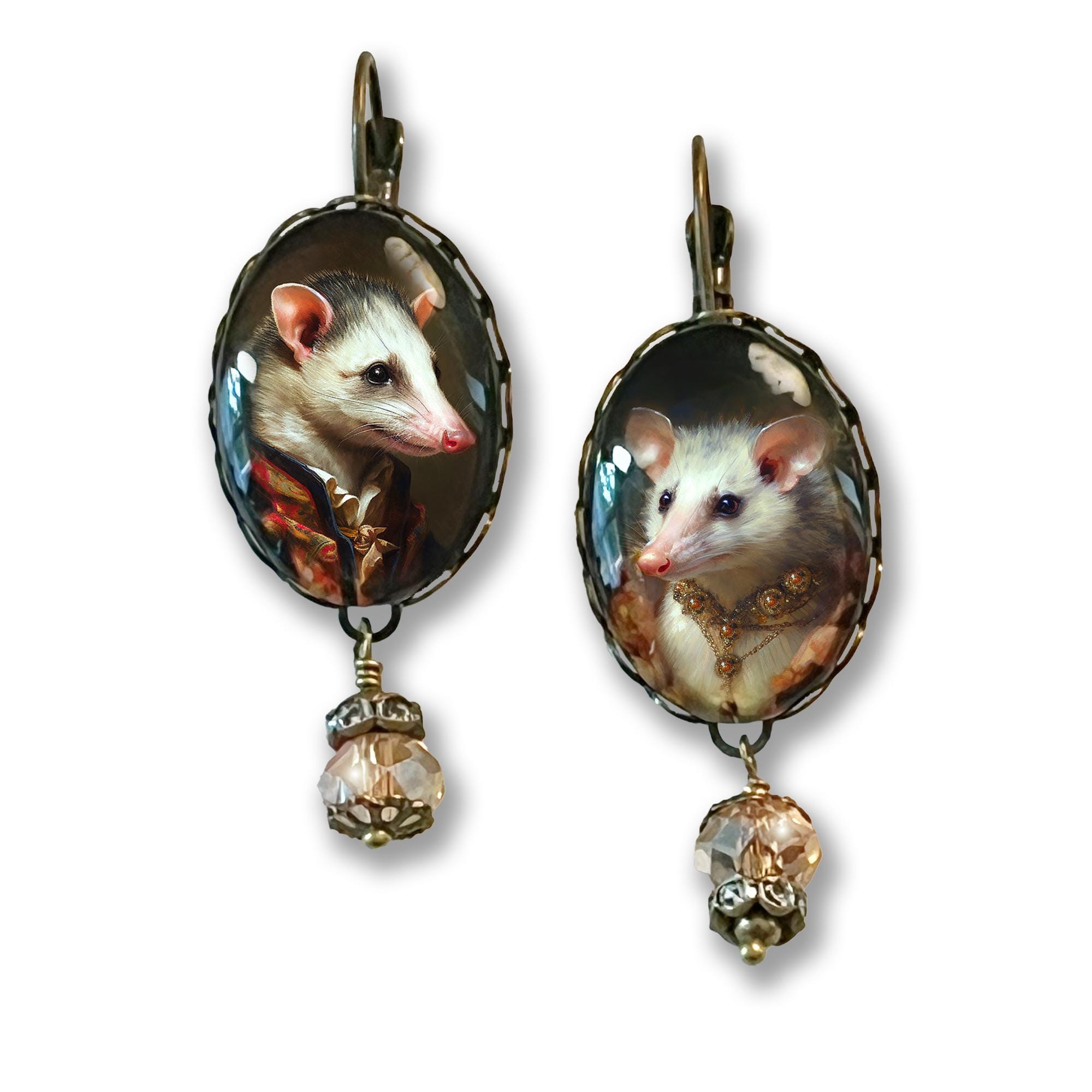 Mismatched Opossum Earrings, Lady and Gentleman Opossum Earrings, Victorian Inspired Opossum Portrait Jewelry, Fun Earrings, Opossum Earring