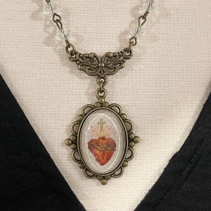 Vintage Style Sacred Heart Necklace: Bronze Tone Filigree, Rosary Bead Chain