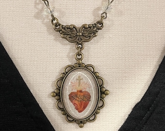 Vintage Inspired Sacred Heart Necklace, Sacred Heart of Jesus Necklace, Religious Gift, Sacred Heart Jewelry, Heart Necklace, Mothers Day