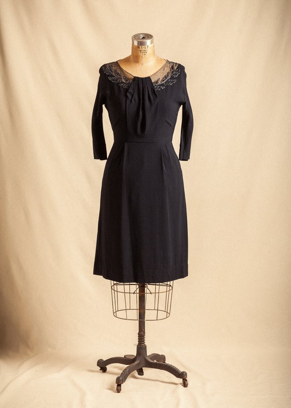 1950s black beaded illusion neckline cocktail dres