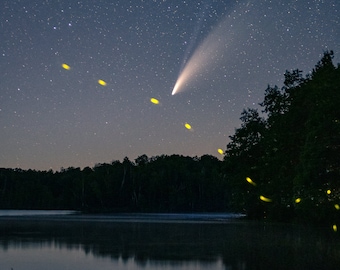 Astro Photography, Comet Neowise, Celestial Visitor, Firefly Photo, Fine Art Print, Lake, Magical, Universe, Night Sky, Northern Wisconsin