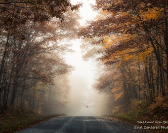 Nature Photography, Foggy Road, Autumn Photo, Moody, Wall Decor, Fine Art Print, Fall Colors, Magical, Enchanted Forest, North Wisconsin