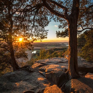May include: A scenic view from a rocky clifftop, with a large tree framing the scene. The sun is setting behind the trees, casting a warm glow over the landscape. The text "SOUL CENTERED PHOTOGRAPHY" and "Susanne von Schroeder" is visible in the bottom right corner.