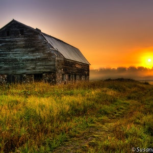 Wisconsin Barn Photo, Sunrise, Nature Photography, Fine Art Print, Foggy Morning, Orange Green, North Country, Farm, Cabin Home Decor