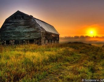 Wisconsin Barn Photo, Sunrise, Nature Photography, Fine Art Print, Foggy Morning, Orange Green, North Country, Farm, Cabin Home Decor