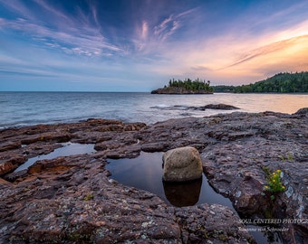 Lake Superior Photo, Split Rock Lighthouse Landscape, Nature Photography, Fine Art Print, Sunset Sky, Blue Orange, North Shore, Healing Art