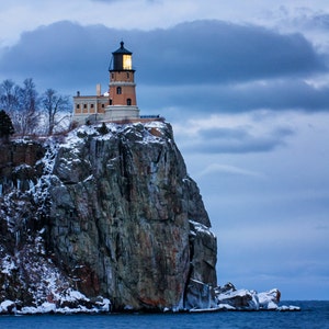 Split Rock Lighthouse, Lake Superior North Shore, Nature Photography, Fine Art Print, Winter Evening, Blue Water Sky, Night Sky, Minnesota image 1