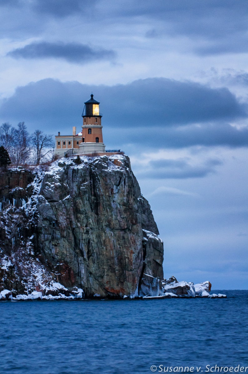 Split Rock Lighthouse, Lake Superior North Shore, Nature Photography, Fine Art Print, Winter Evening, Blue Water Sky, Night Sky, Minnesota image 1
