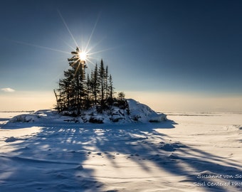 Lake Superior, Winter Landscape, Sunburst, Ice, Nature Photography, North Shore Minnesota, Blue Sky, Shadows, Fine Art Print, Peaceful