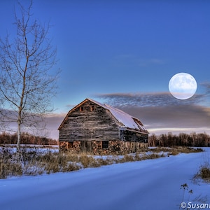 Barn with Full Moon, Winter Photography, Fine Art Print, Rural Wisconsin, Blue and White, Night Photo, Winter Evening, Home Cabin Decor