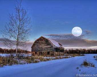Barn with Full Moon, Winter Photography, Fine Art Print, Rural Wisconsin, Blue and White, Night Photo, Winter Evening, Home Cabin Decor