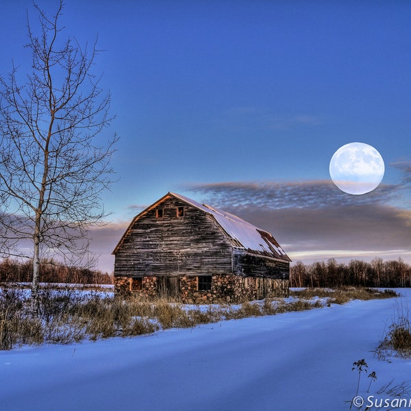 Barn with Full Moon, Winter Photography, Fine Art Print, Rural Wisconsin, Blue and White, Night Photo, Winter Evening, Home Cabin Decor