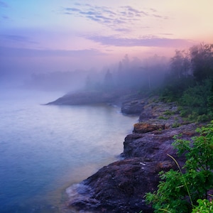 Landscape Photography, Lake Superior, Foggy Evening Mood, North Shore, Fine Art Print, Blue Pink Purple, Fog Mist, Healing Art, Minnesota