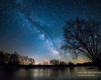 Astro Photography, Milky Way, Starry Night, Fine Art Print, Dark Blue, River, Tree Silhouette, Celestial, Galaxy, Night Sky, Wisconsin