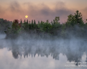 Nature Photography, Super Blue Full Moon, Lake, Northern Wisconsin, Fine Art Print, Panorama, Reflections, Summer, Fog, Healing Nature Art