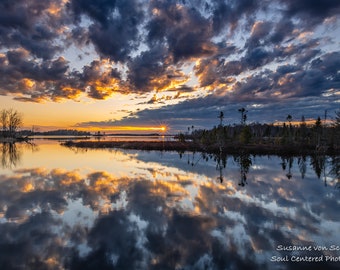 Nature Photography, Lake in Northern Wisconsin, Fine Art Print, Panorama, Reflections, Spring Sunset, Dramatic Sky, Clouds, Healing Art