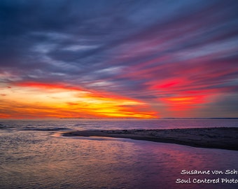 Nature Photography, Lake Superior, Colorful Sunrise, Panorama, Apostle Islands, Clouds, Blue Orange Red, Healing Art, Bayfield, Wisconsin