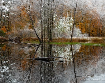 Nature Photography, First Snowfall, Magical Woodland, Autumn, Lake Reflections, Fine Art Print, Enchanted Forest, Fall Colors, Fairy Tale