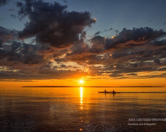 Nature Photography, Lake Superior, Wall Art, Kayak, Panorama Print, Summer Sunset, Apostle Islands, Clouds, Orange, Healing Art, Wisconsin