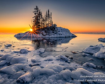 Lake Superior, Sunrise, Sun Star, Winter Landscape, Ice, Nature Photography, North Shore Minnesota, Fine Art Print, Blue Orange, Peaceful