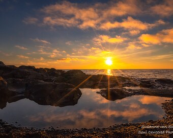 Lake Superior Sunrise, Nature Photography, Temperance River, North Shore, Cloud Reflections, Fine Art Print, Healing Art, Sky, Beach, Serene