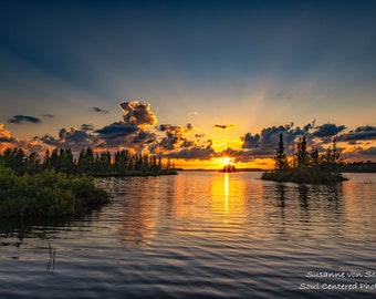 Nature Photography, Lake in Northern Wisconsin, Fine Art Print, Panorama, Reflections, Summer Sunset, Sun Rays, Sky, Clouds, Healing Art