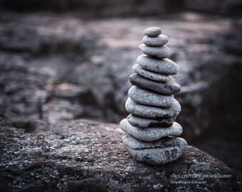 Rock Cairn, Metal Print, Lake Superior Rocks, Zen Art, Stacked Rocks, Nature, Brown Grey, Sepia, Balance, Meditation, Yoga, Zen Decor