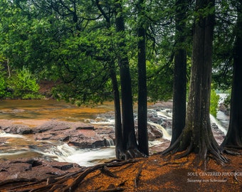 Upper Gooseberry Falls, Waterfall Photography, Rain, Minnesota State Park, North Shore, Lake Superior, Nature Spirits, Green, Cedar Trees