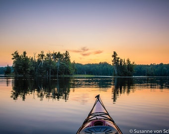 Nature Photography, Sunset Colors, Kayak, Summer Evening, Fine Art Print, Soft Blue Orange, Serene, Water, Lake, Wisconsin, Cabin Decor