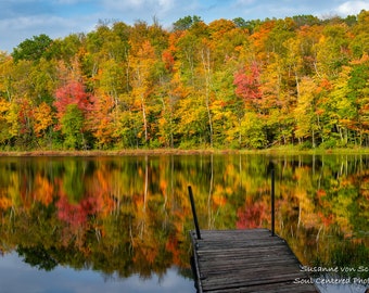 Autumn Photography, Lake with Dock, Wisconsin Lake, Reflection, Fine Art Print, Fall Colors, Recreation, North Country, Home Cabin Decor
