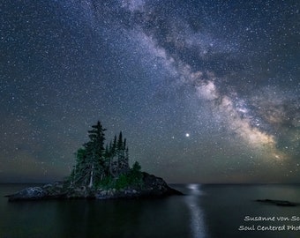 Astro Photography, Milky Way, Lake Superior, Starry Night, Fine Art Print, Dark Blue, Trees, Island, Magical, Universe, Night Sky, Minnesota