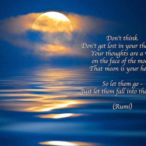 Rumi Quote, Inspirational Poetry, Greeting Card, Moon, Reflection, Lake, Spiritual Journey, Healing Art, Surrender, Nature Photography, Blue