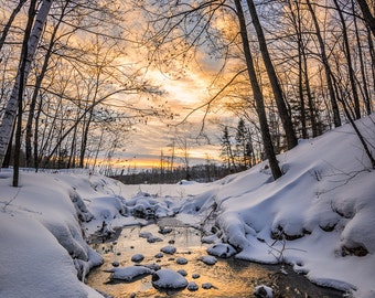 Winter Photography, Golden Creek, Sunset Sky, Orange Clouds, Soft Pastels, Snow, Winter Forest, Peaceful, Serene, Wisconsin, Home Decor