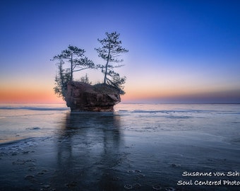 Lake Superior, Winter Landscape, Nature Photography, Sea Stack, Dusk, Blue Hour, Ice, Washburn, Wisconsin, Healing Art, Blue Pink, Landscape